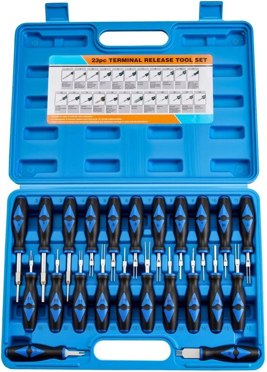 Kit di rimozione terminali 23 in 1 - per la rimozione dei connettori di cablaggio dei veicoli, rimuovitore di connettori universale con guanti, adatto per connessioni rotonde e piatte