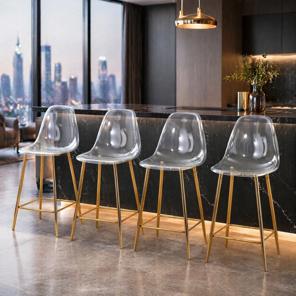 Sgabello da Bar con Poggiapiedi, Design Trasparente per Cucina e Isola, in Plastica e Metallo, Oro