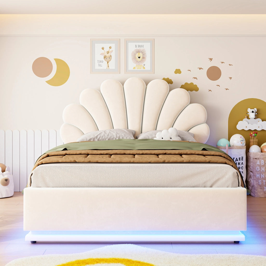 Letto contenitore matrimoniale 140×200 cm con testiera a fiore; LED; senza materasso; velluto; beige
