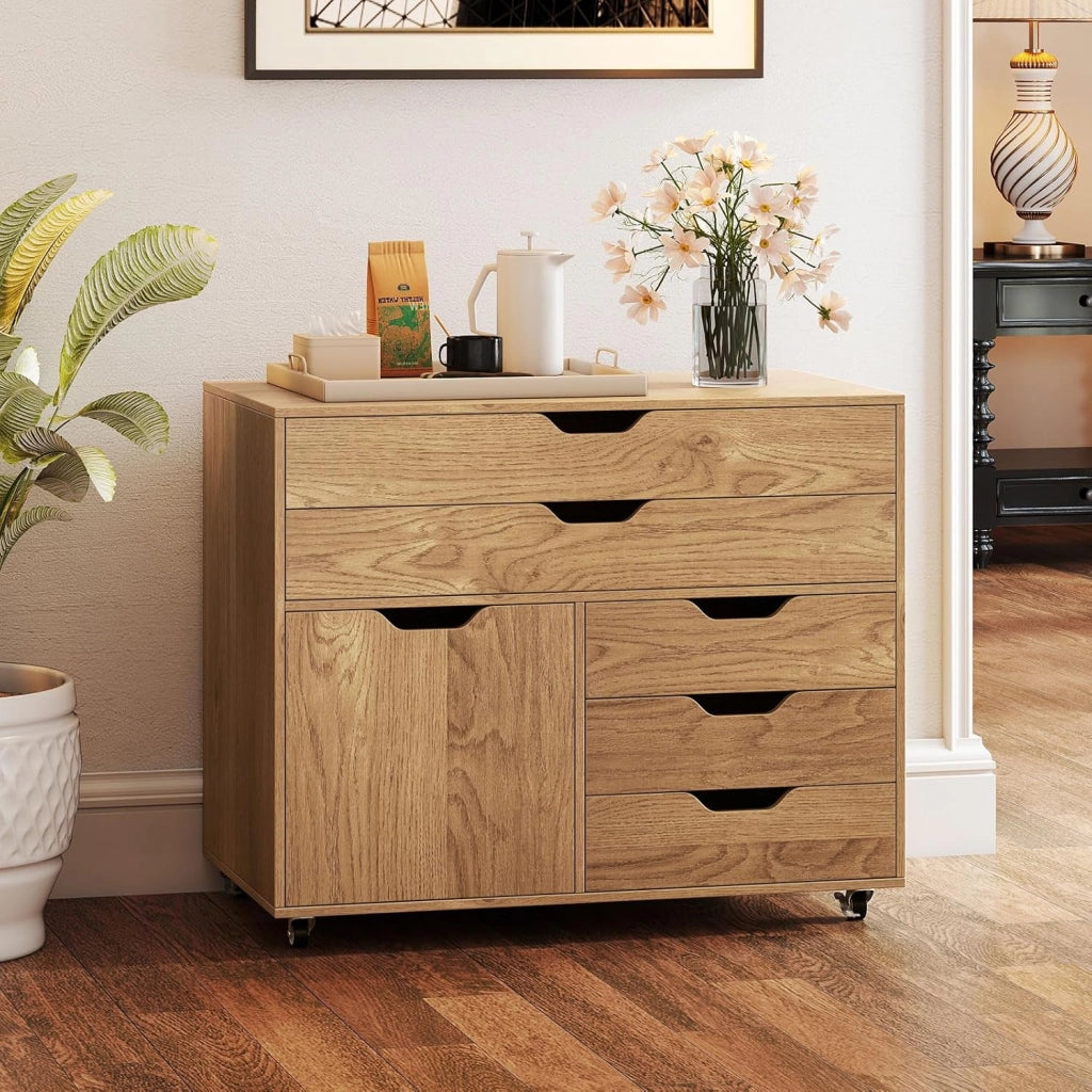 Cassettiera con 5 cassetti e 1 armadietto, armadietto mobile a 5 ruote, cassettiera sotto scrivania, 77,5 x 40 x 64 cm (naturale)