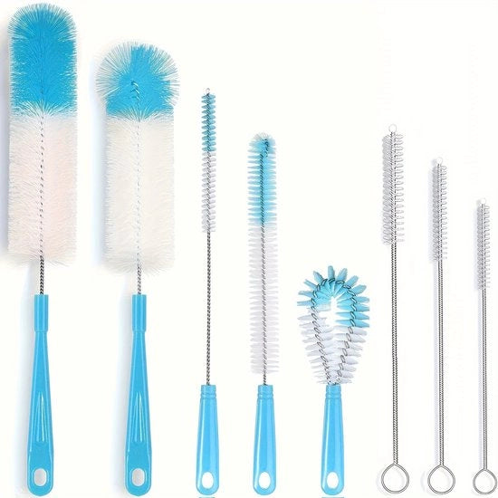Set di spazzole per flaconi in vetro con 8 manici lunghi | Spazzola mediana dura, ideale per flaconi, sportflaconi e vasi, uno strumento domestico essenziale.