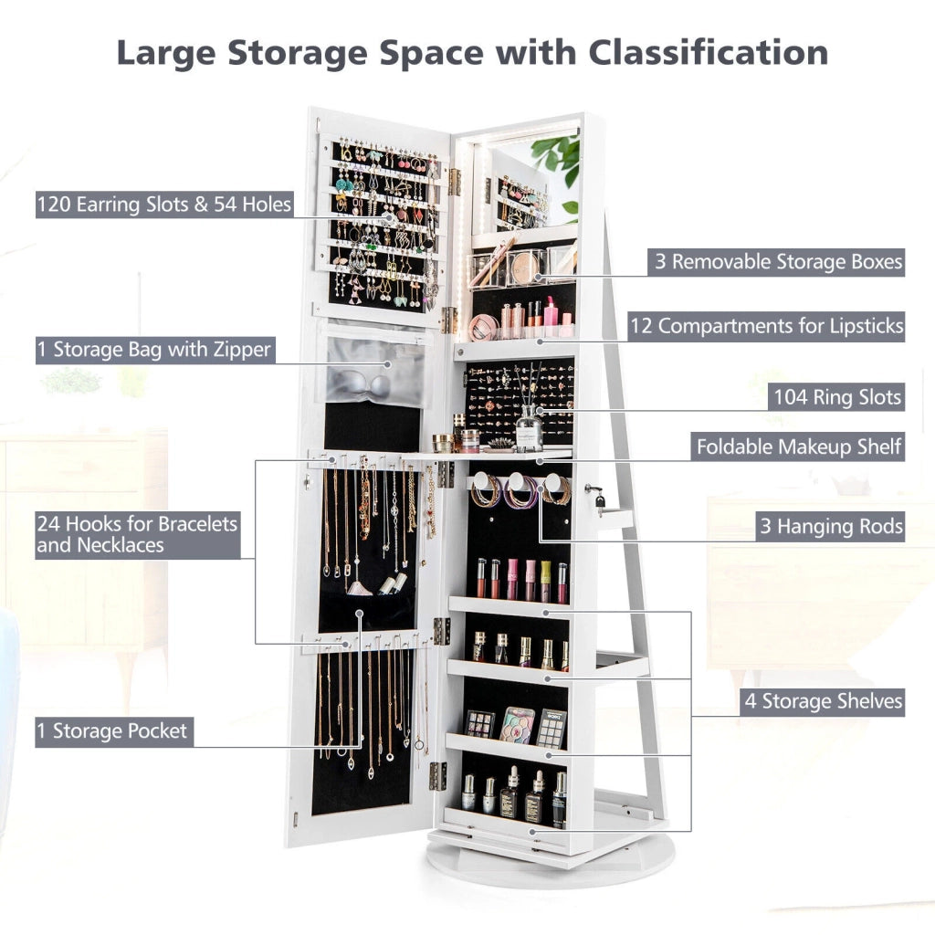 360° Rotating Mirrored Jewelry Cabinet Armoire 3 Color LED Modes Lockable-White