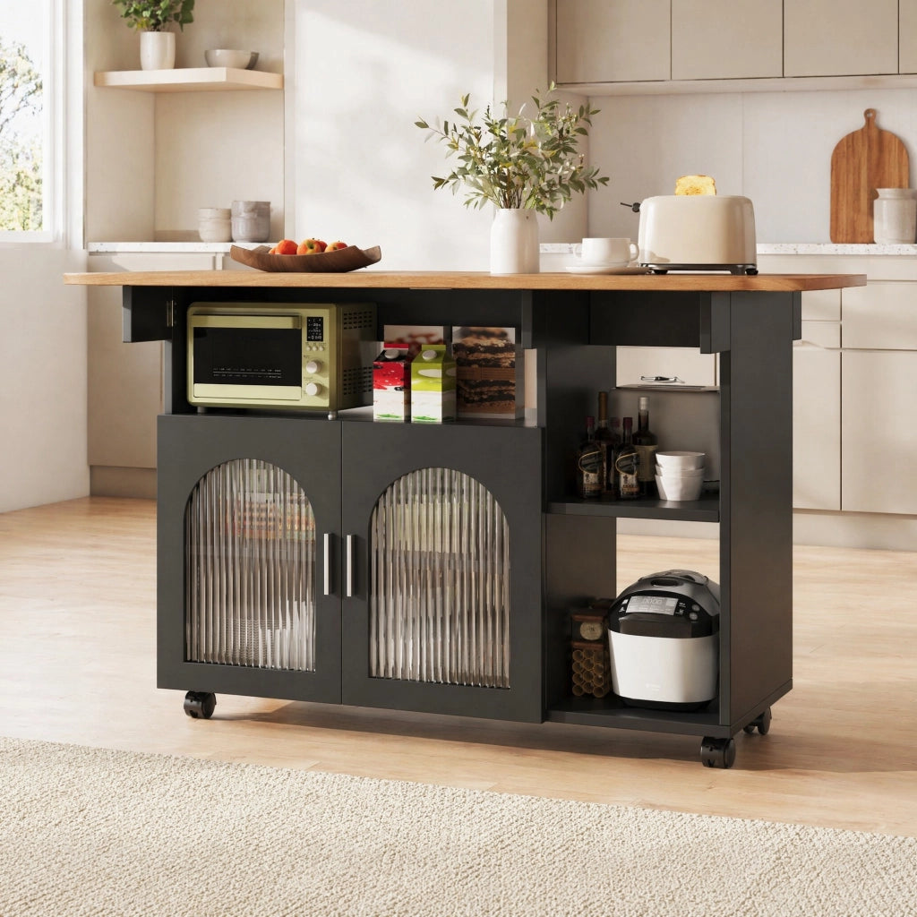 Isola da cucina pieghevole 120 cm con ruote, nero/naturale