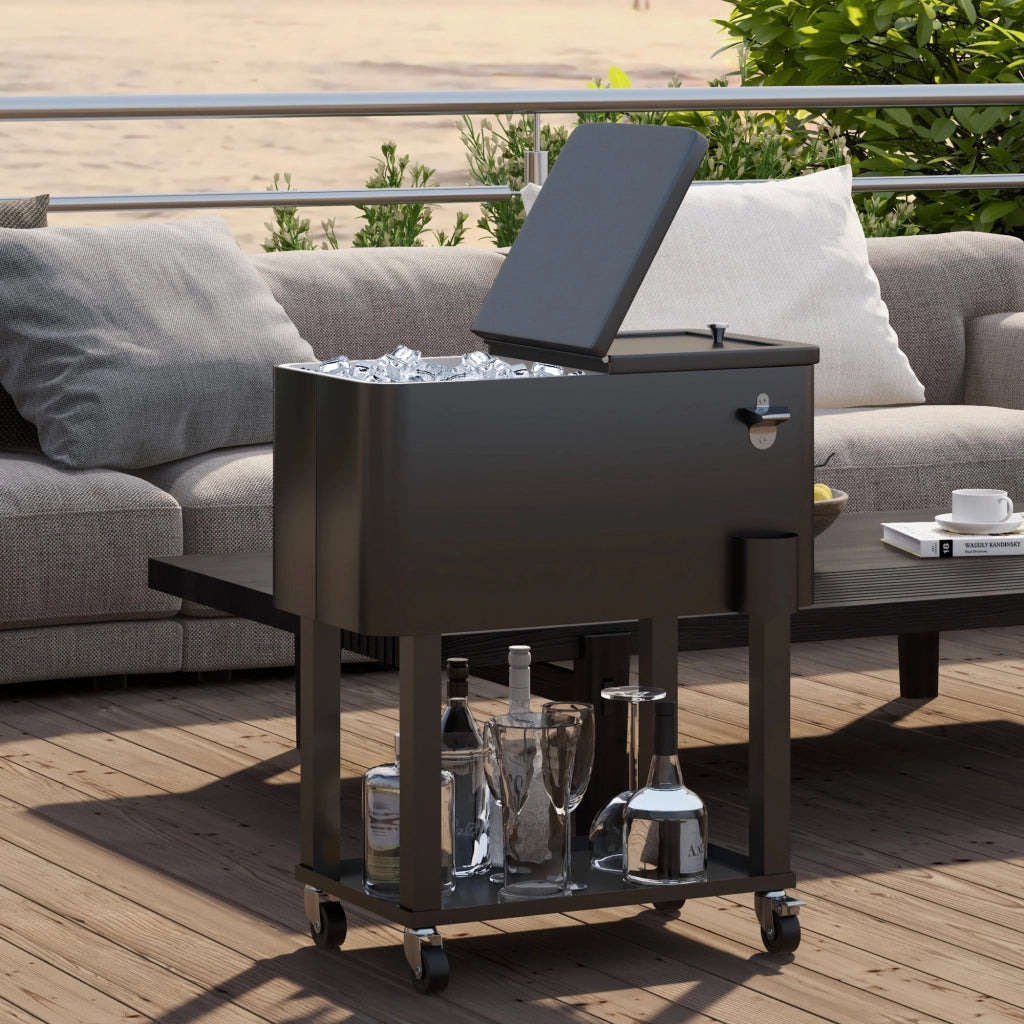 Carrello Portaghiaccio con Ruote e Portabottiglie 56L per Esterno ¨C zephmum ¨C 67x35x80 cm Nero