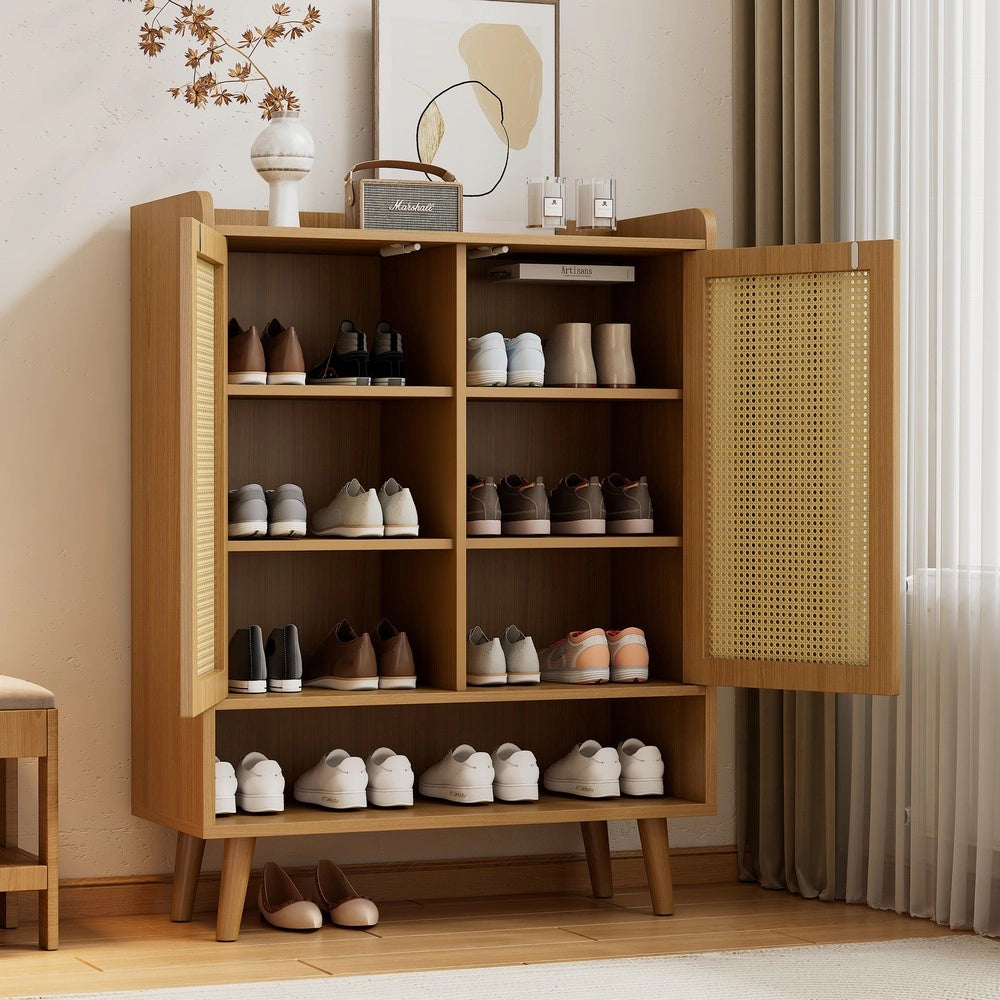 Scarpiera in Rattan con 2 Ante e 5 Ripiani ¨C MINIMAL ¨C Legno Massello, 80x105x35 cm