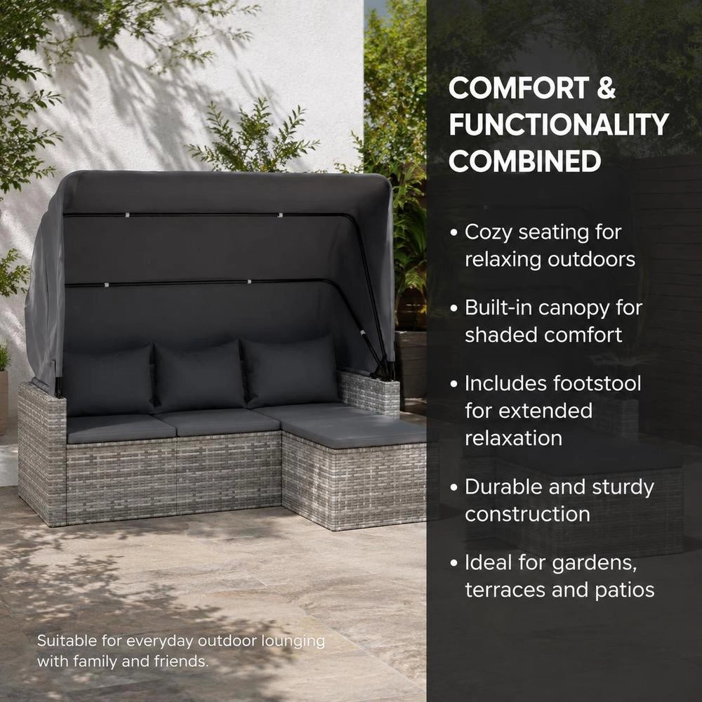 3-seater Garden Sofa With Roof And Footstool Grey Poly Rattan