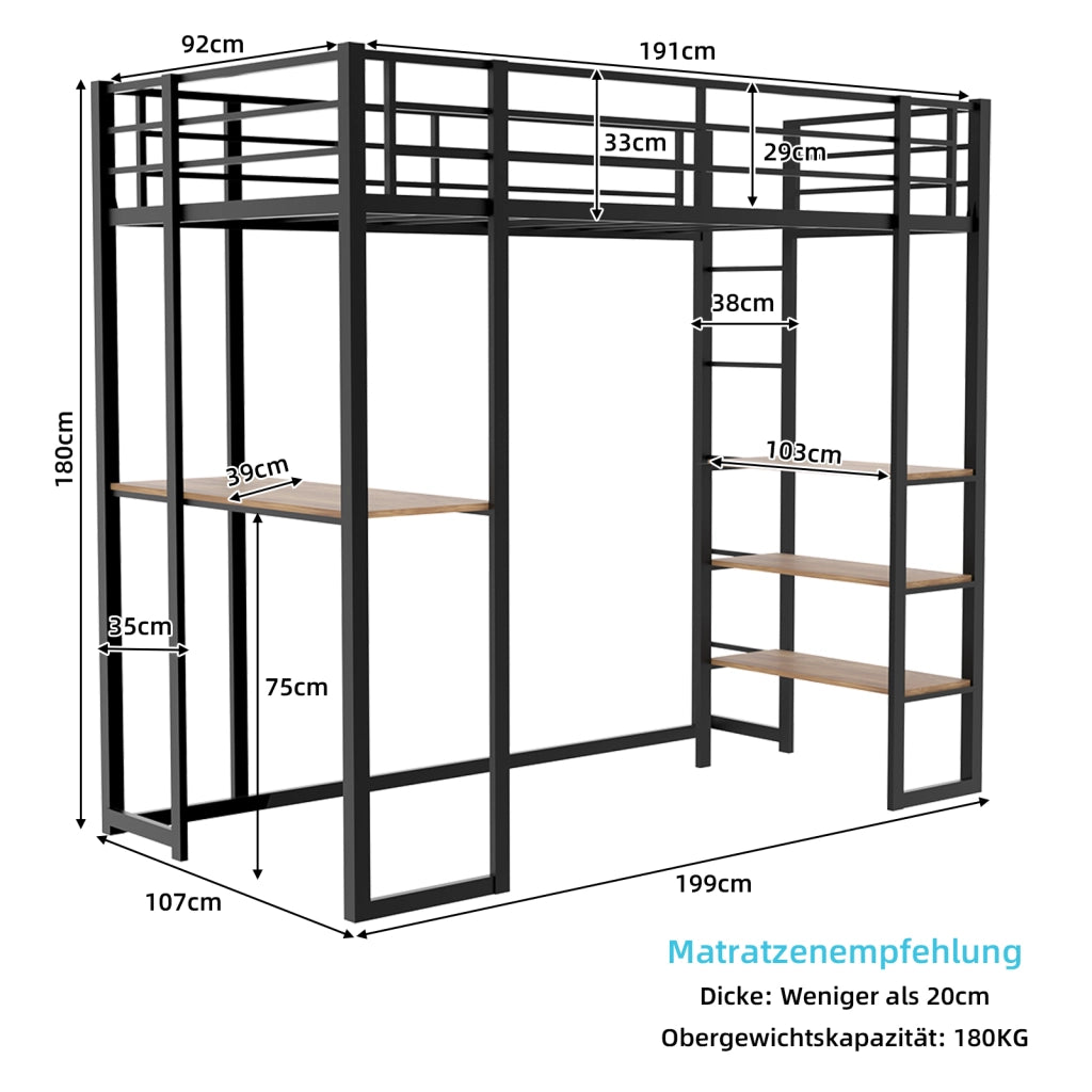 Letto a soppalco singolo 90 × 190 cm con scrivania, scala su 2 lati e barriera, senza materasso, nero