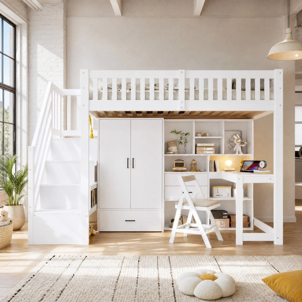 Letto a soppalco 90 × 200 cm con scrivania e armadio; scala contenitore; cassetti; ripiani e barriera in legno bianco