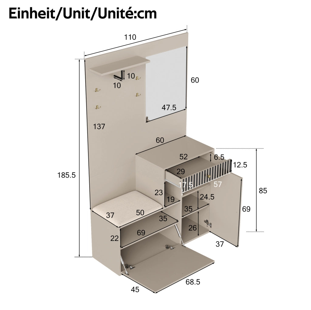 Mobile ingresso con specchio; seduta imbottita; ripiani regolabili e ganci; 110 x 37 x 185;5 cm; beige e crema
