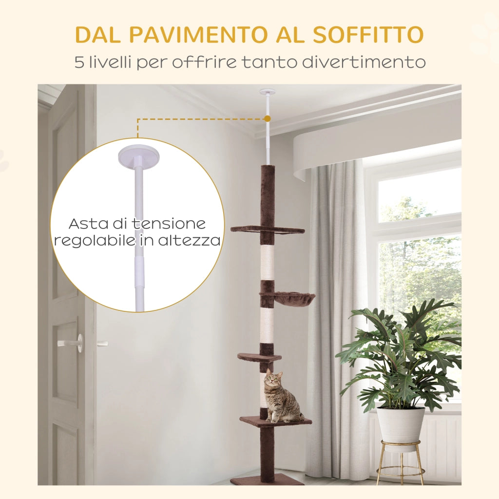 Albero Tiragraffi per Gatti a Soffitto con Amaca ¨C Zephmum ¨C Marrone 40x34x230-260cm
