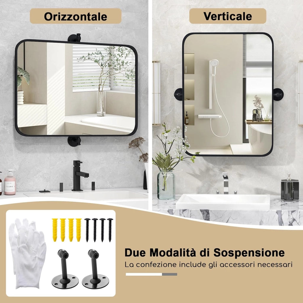 Specchio Rettangolare da Parete 76,5 x 66,5 cm, Specchio da Bagno con Cornice in Metallo, con Staffe da Parete in Stile Rustico, Ideale per Bagno Soggiorno Ingresso, IP44