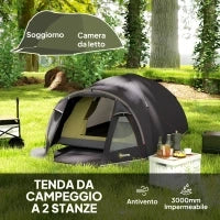 Tenda a Tunnel per 2-4 Persone con Finestre Laterali e Gancio, in Poliestere 190T e PE, 3.3x1.9x1.2 m, Nero