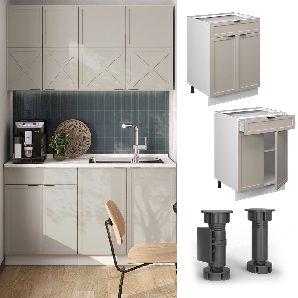 Mobiletto base per cucina Fame-Line GrigioBeige/Bianco 60 cm con cassetto, PL Marmo Vicco