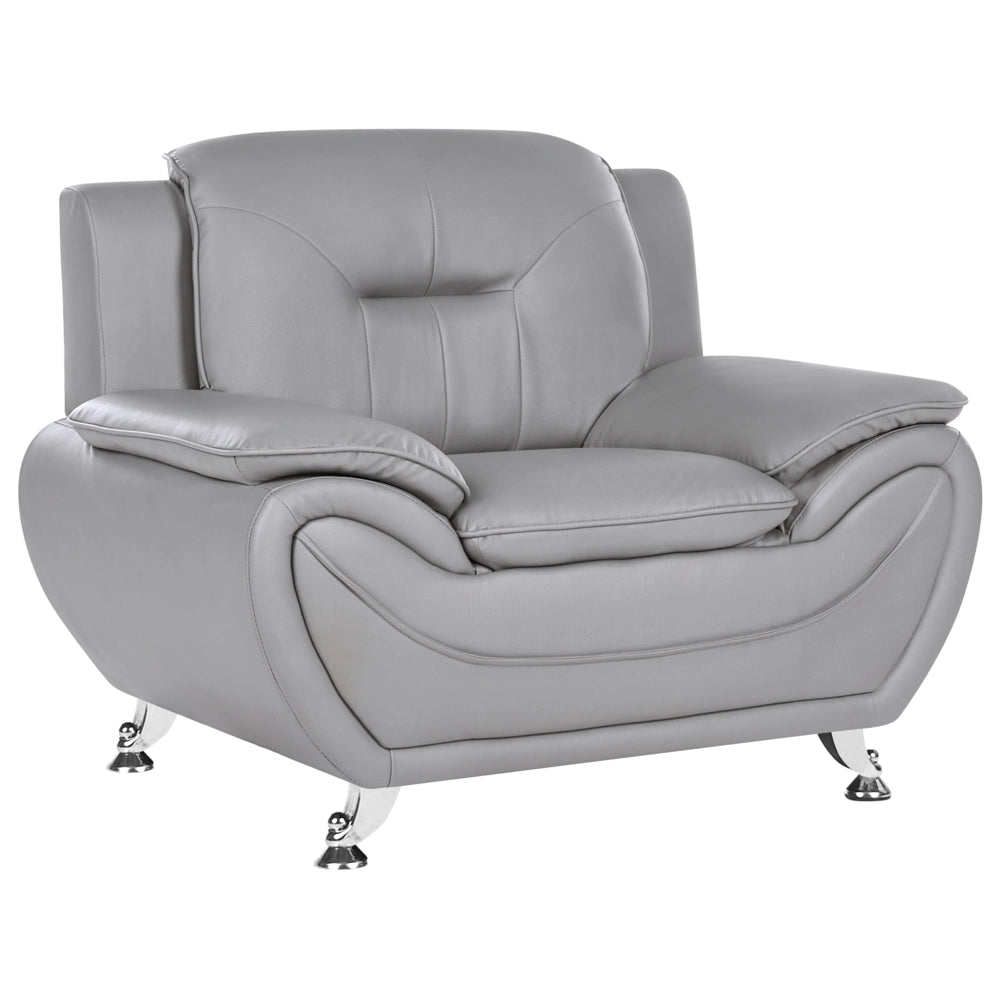Poltrona in ecopelle vegana grigio con braccioli imbottiti, gambe in metallo argentato, facile da pulire, stile moderno e glamour per il soggiorno