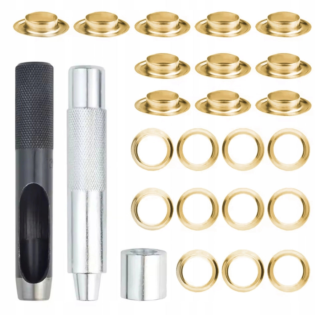 Set Occhielli FixTool GoldSet 12mm ProKit – 100 Pezzi in Metallo Dorato con Punzonatrice e Rivettatrice