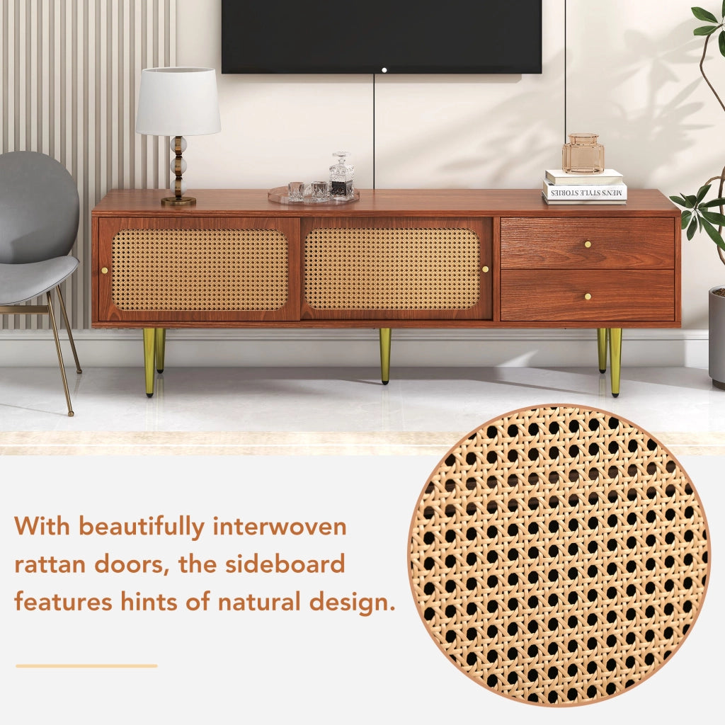 Mobile porta TV con ante scorrevoli in rattan, 2 cassetti, 4 vani e ripiani regolabili, MDF noce 160 × 40 × 60 cm