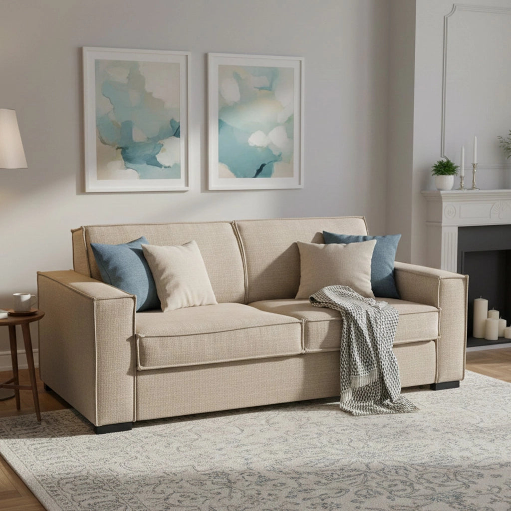 Divano Letto Alano, Divano a 2 posti, Made in Italy, SofÒ  Soggiorno con apertura girevole, in tessuto imbottito, con Braccioli standard, cm 180x95h90, Beige