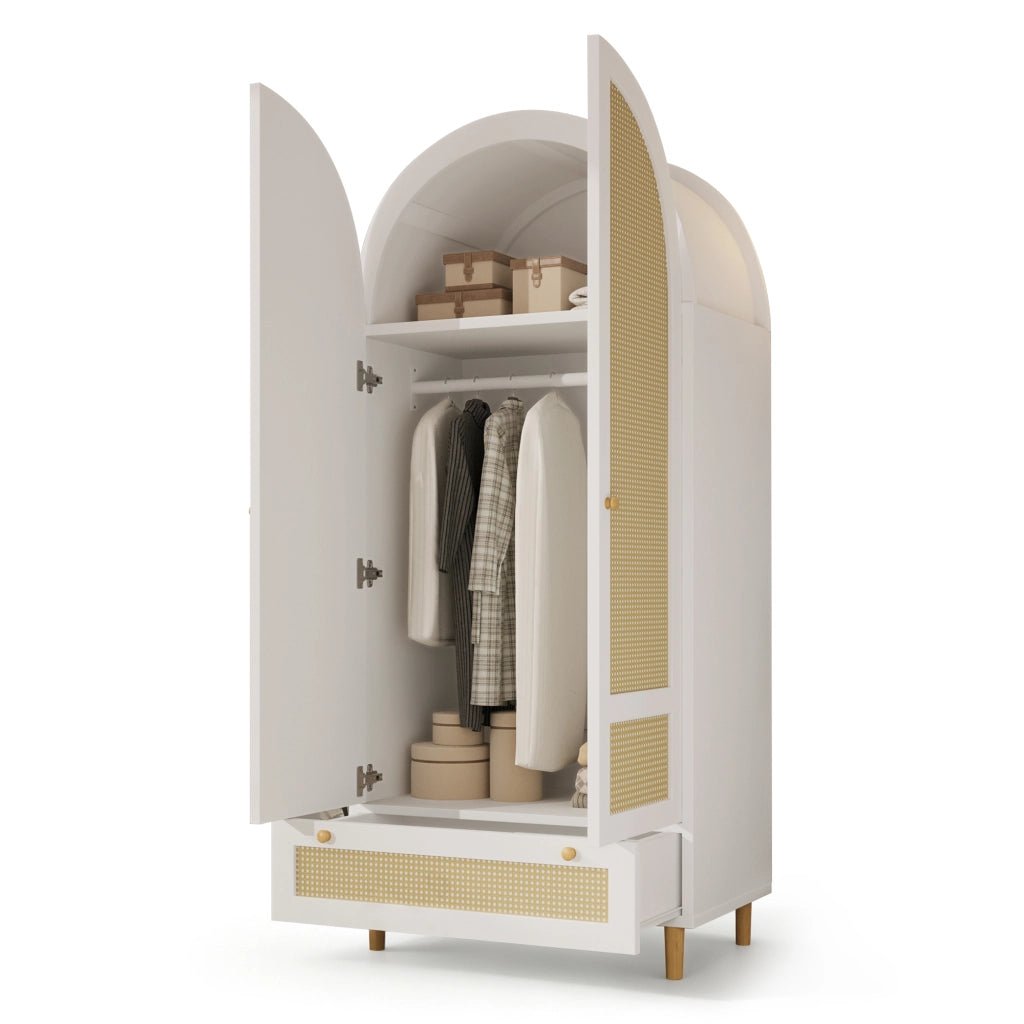Armadio con asta e cassetto; design ad arco in rattan; per camera e ingresso; in MDF bianco; 80 × 50 × 180 cm