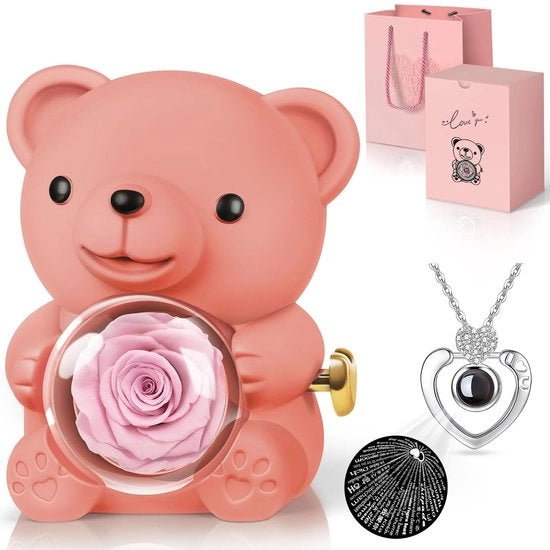 Set di accessori per donna con fiori di rosa secchi e simboli d'amore in forma di ciondolo