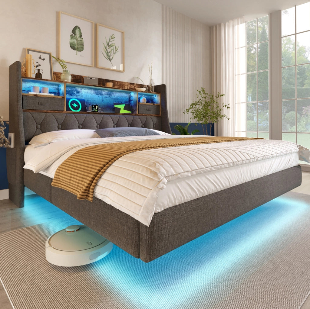 Letto imbottito 160x200 cm con LED, testiera contenitore, porte USB e Tipo-C, tessuto lino grigio