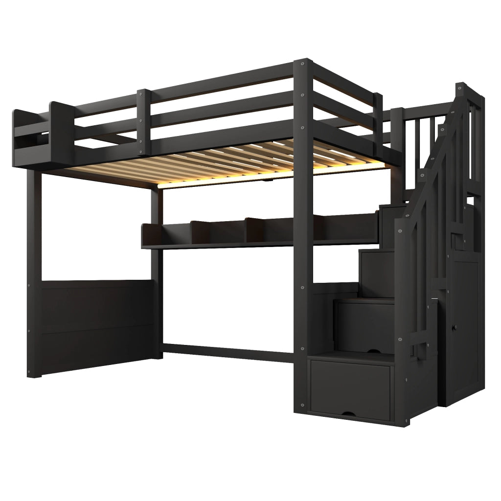 Letto a Soppalco 90 x 200 cm; Letto Singolo - LED; scala con contenitore - Nero