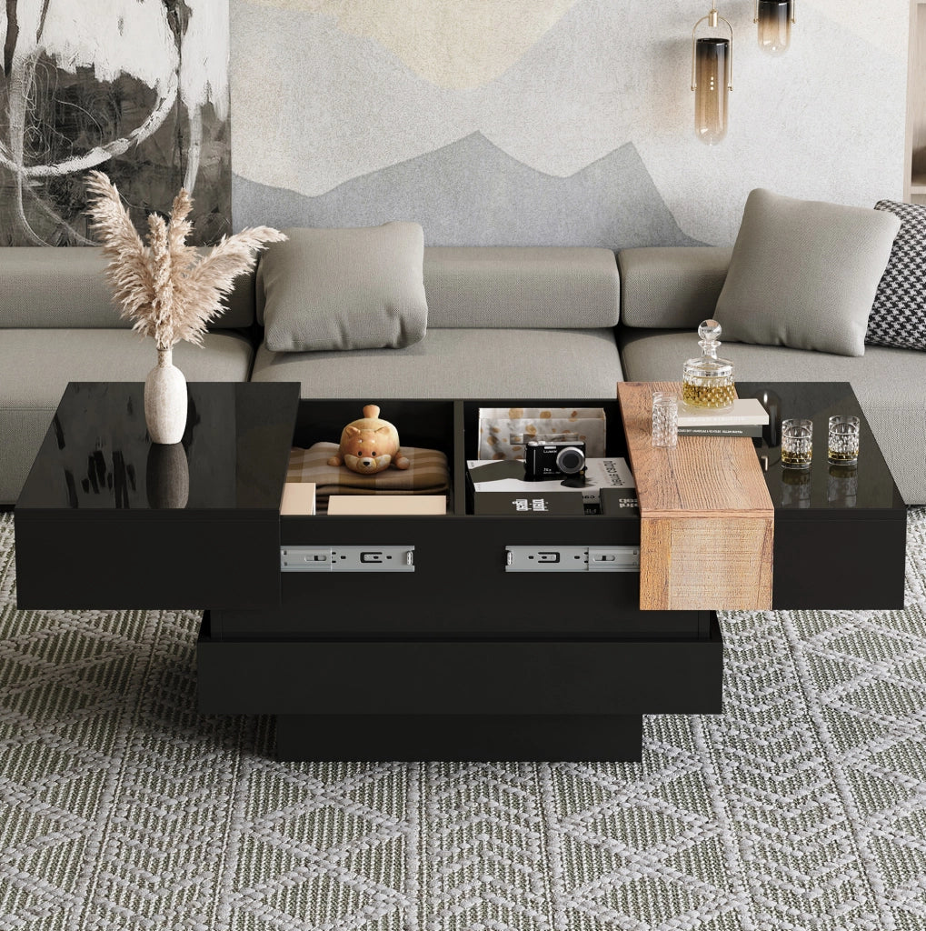 Tavolino da caffè quadrato 70 x 70 x 39 cm con piano estraibile e vano portaoggetti; nero in MDF