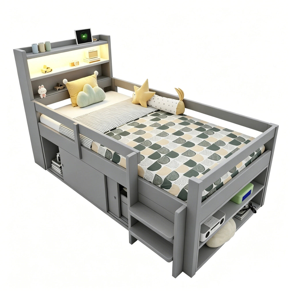 Letto multifunzione per bambini 90x200 cm in legno grigio con ripiani; LED e USB