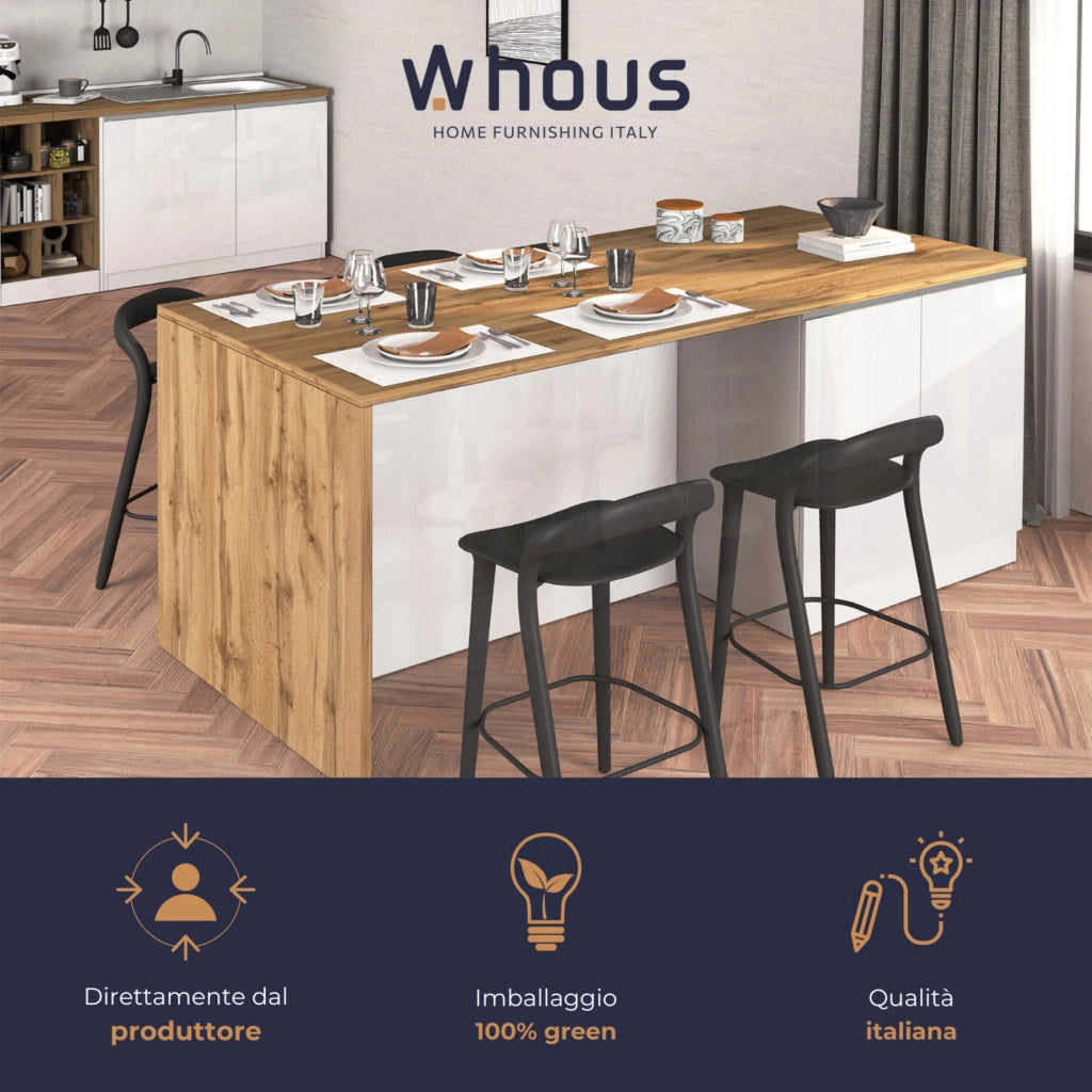 WHOUS Isola da cucina Sole a 4 ante bianco lucido e rovere 200x90x90 cm