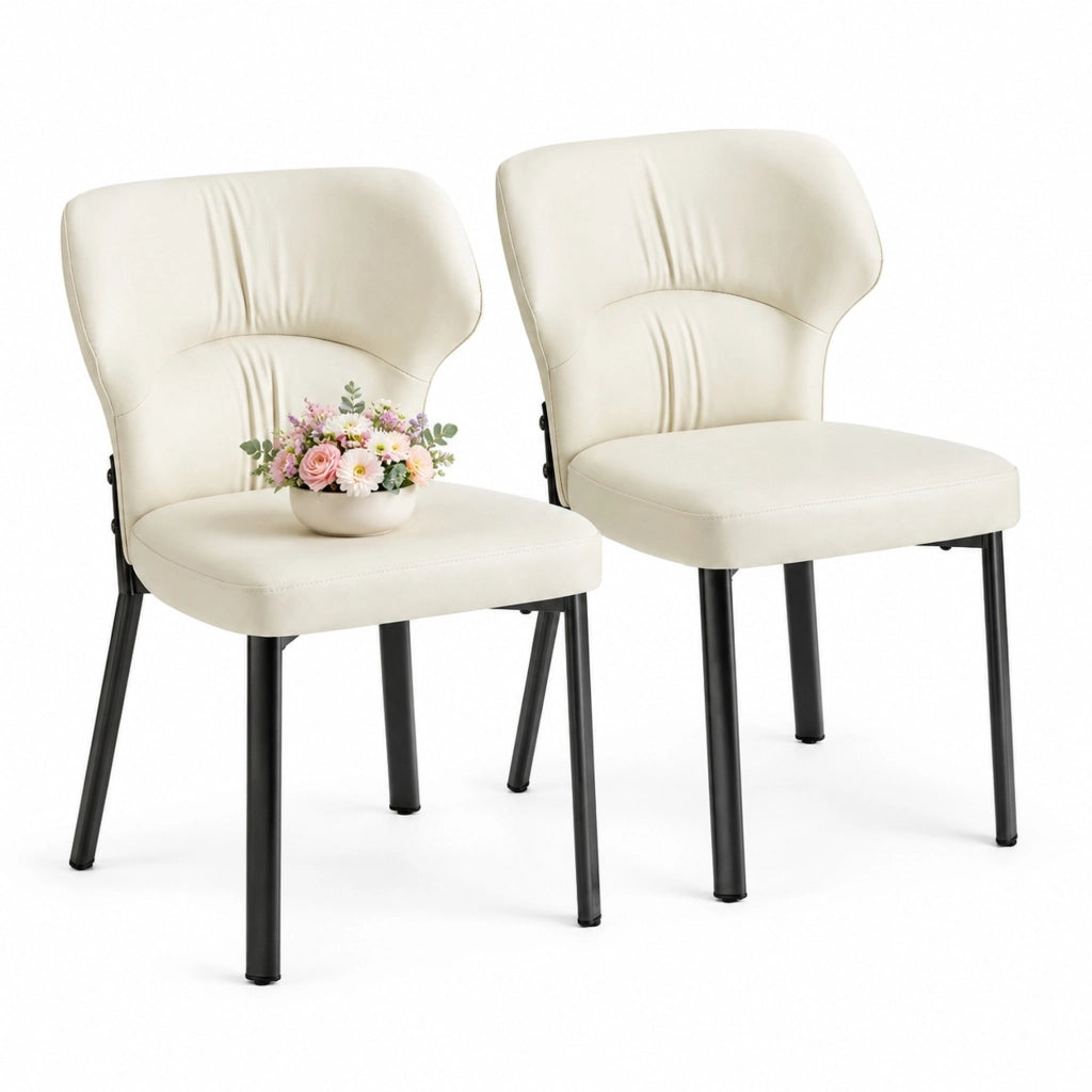 SEDIA da Pranzo Imbottita in PU Beige con Metallo Nero Set da 2 pezzi