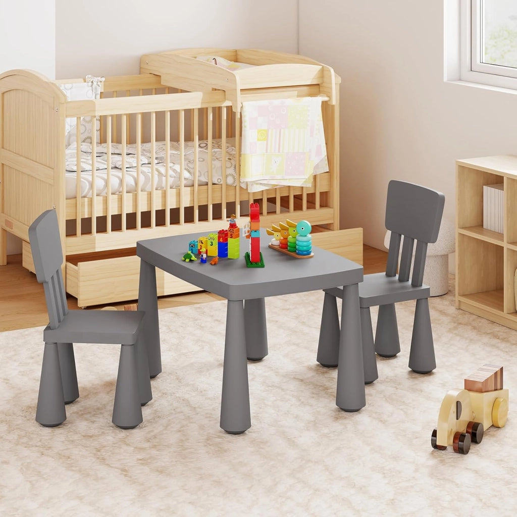 Set Tavolo e Sedie per Bambini 1-7 Anni, 2 Sedie Ergonomiche con Schienale, Materiale PP Atossico e Inodore, Angoli Arrotondati, Adatto per Giocare, Disegnare e Leggere, Portata 50kg (Grigio)