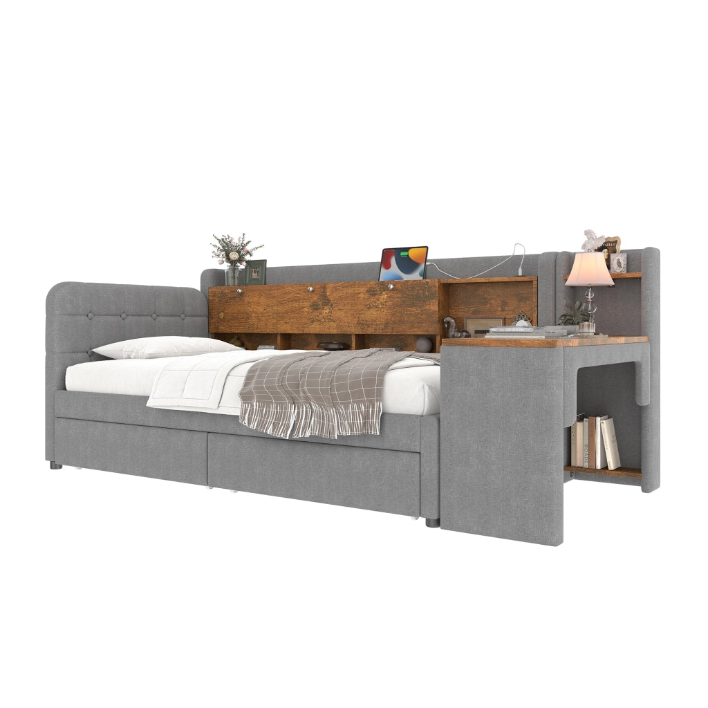 Letto singolo 90×200 cm con 2 cassetti; scrivania; USB e type-c; vano ribaltabile; senza materasso; lino; grigio