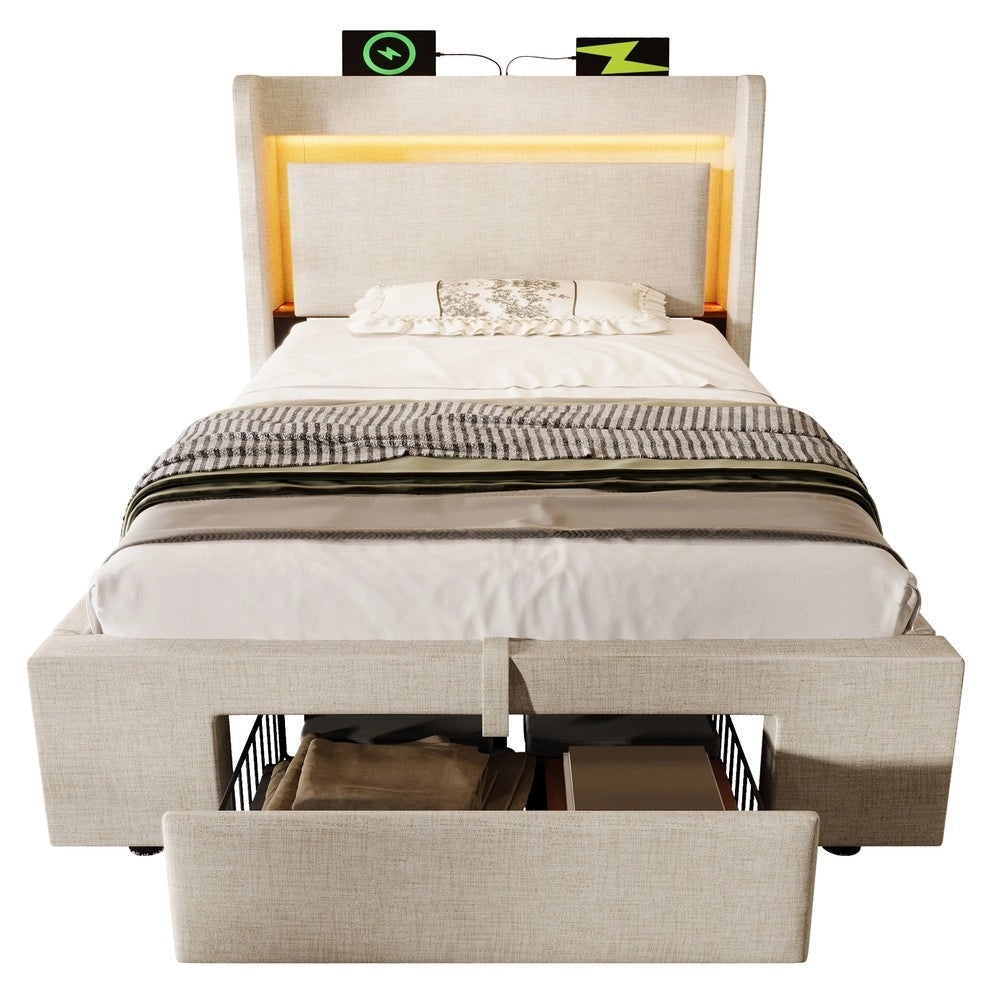 Letto Imbottito con Contenitore Idraulico, LED, USB, Testiera ¨C MINIMAL ¨C Beige, Tessuto, 90x200