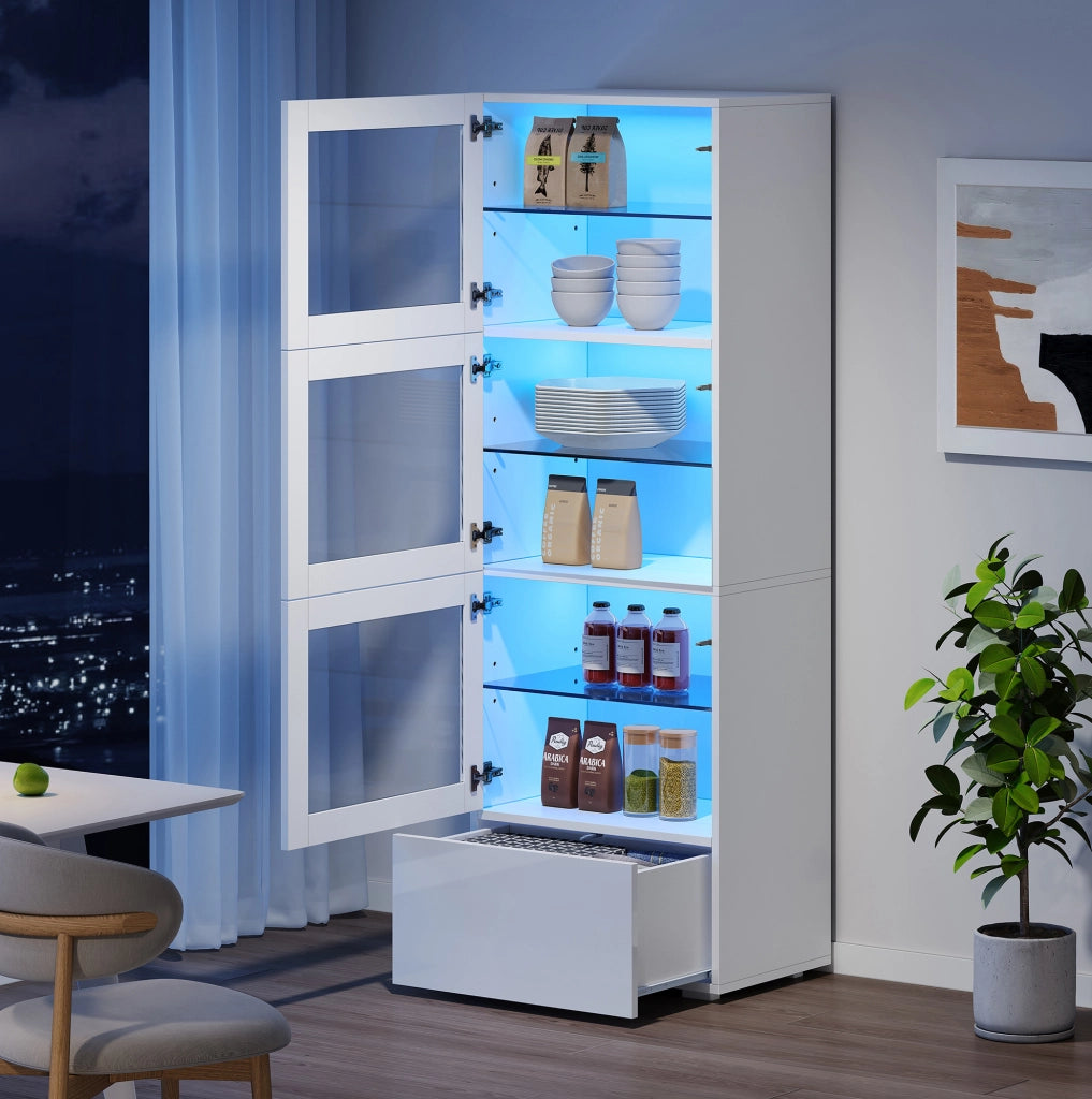 Vetrina alta LED bianca 60x40x173 cm con 3 ante e cassetto