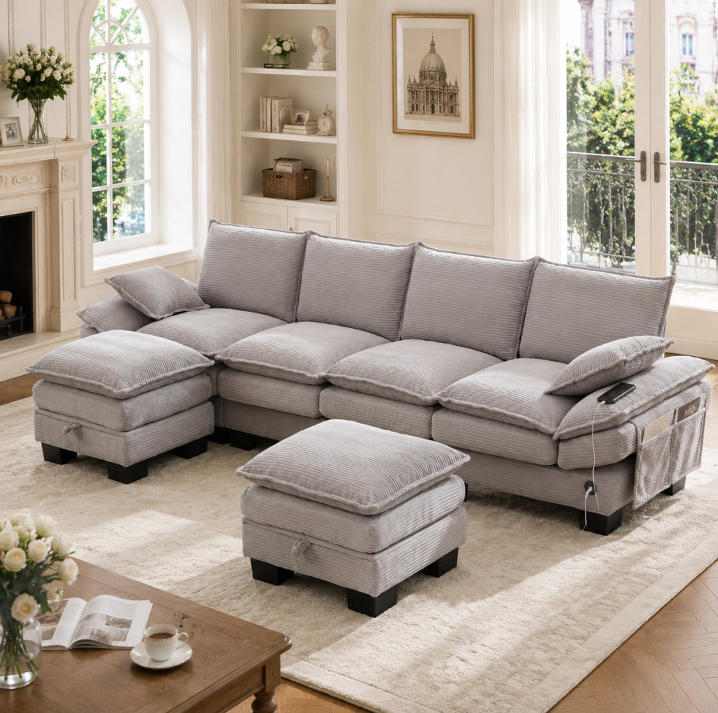 Divano modulare 4 posti in velluto a coste con 2 pouf; USB-C; grigio chiaro