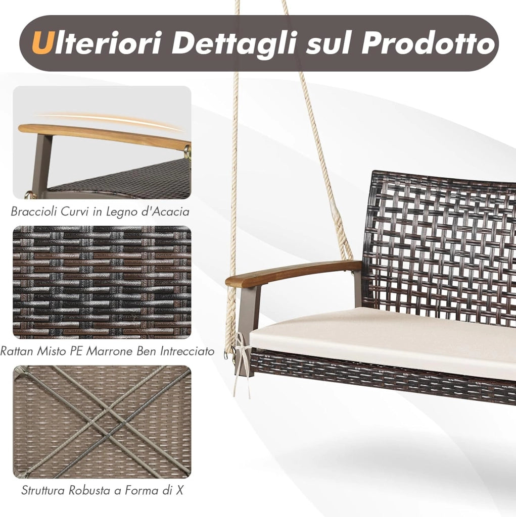 Dondolo Sospeso per Esterno a 2 Posti, Altalena da Giardino con Cuscino, Sedia Sospesada Gairdino con Braccioli, per Portico, Capacità di carico di 360 kg (Bianco)