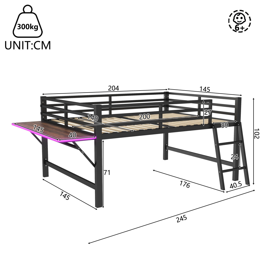 Letto a soppalco 140 × 200 cm con scrivania pieghevole, LED e sbarre di sicurezza, senza materasso, metallo, nero