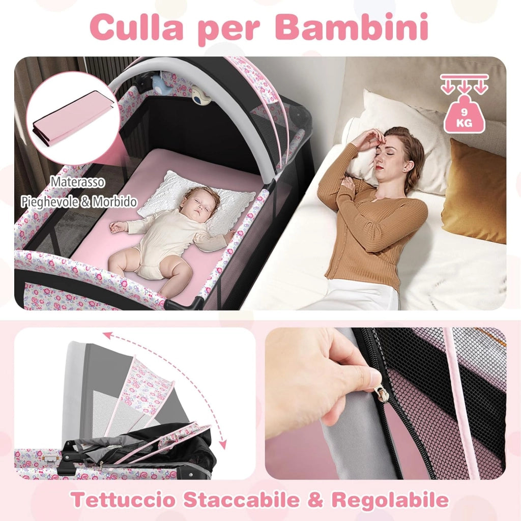 4 in 1 Lettino Neonato con Materasso, Culla da Campeggio con Fasciatoio Cappottina Regolabile, Ruote Bloccabili, Box Piechevole per Bambini 0-36 Mesi (Fiore Grande)
