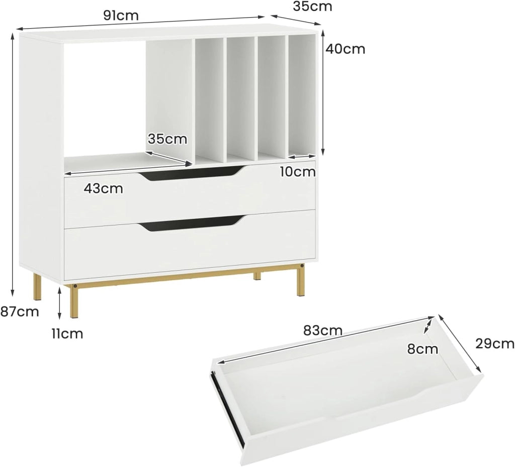 Mobile in vinile con scomparti aperti, 4 separatori, gambe metalliche e cassetti, mensola per dischi in legno per sala musica, soggiorno (bianco)