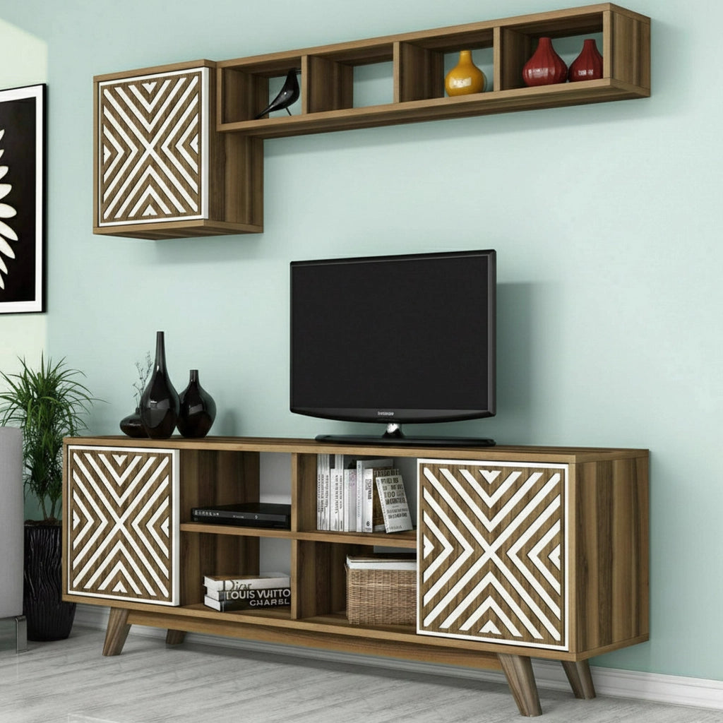 Mobile porta TV Drusilla, Credenza da soggiorno, Armadio basso per TV, Base parete attrezzata, 160x35h56 cm, Noce e Bianco