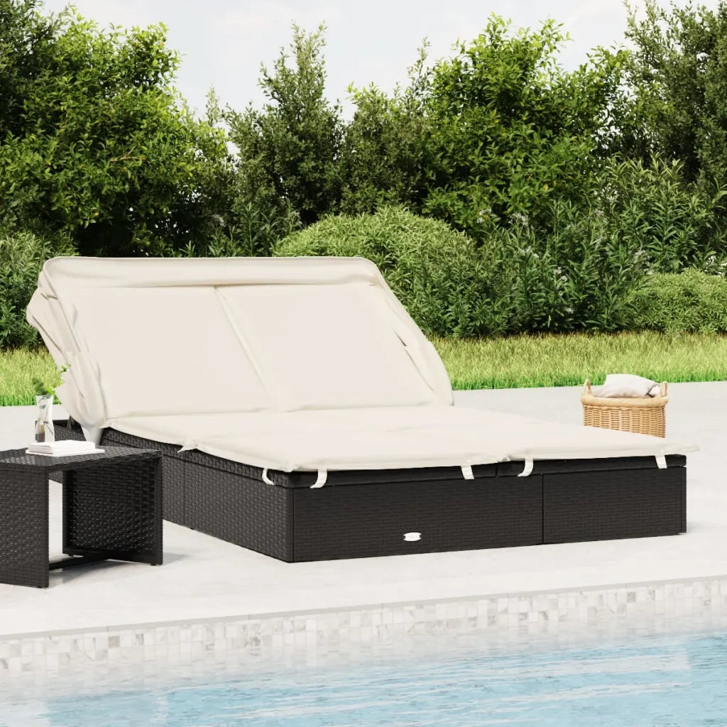 Sdraio da giardino | Lettino Doppio Tetto Pieghevole Nero 213x118x97cm in Polyrattan