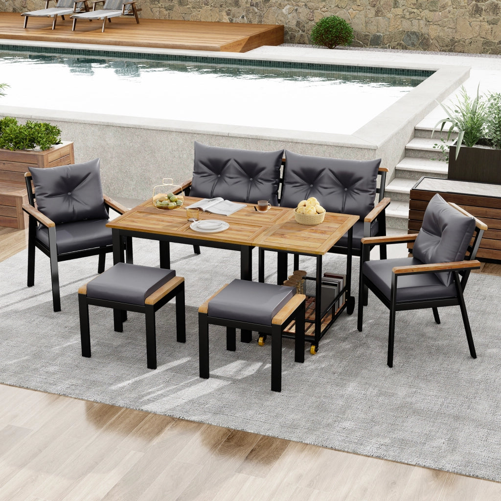 Set da pranzo in legno di acacia - Zephmum- Tavolo e 6-7 sedie con tessuto lavabile