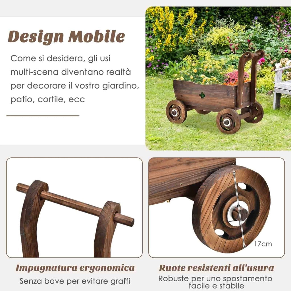 Fioriera da Esterno in Legno a Forma di Carrello, Carriola Portafiori con 4 Ruote, Maniglia e Foro di Drenaggio, Carrello Decorativo da Interno ed Esterno, per Patio, Giardino e Balcone