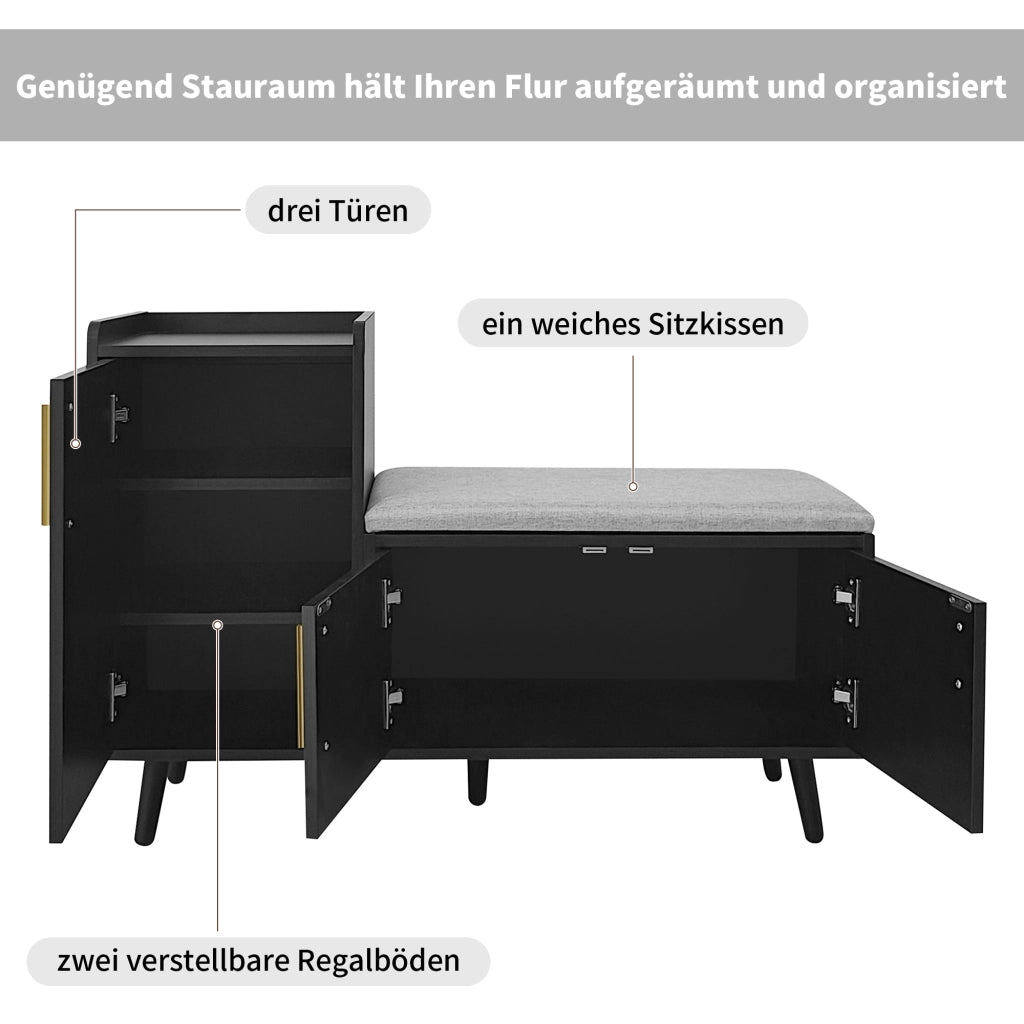 Scarpiera con 3 ante e panca imbottita ripiani regolabili per ingresso e soggiorno in truciolare nero 100 × 34 × 68,5 cm
