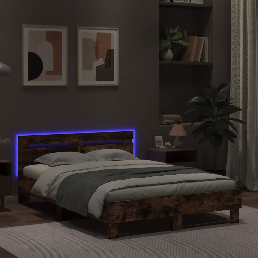 Giroletto con Testiera e LED Rovere Fumo 135x190 cm 3207571