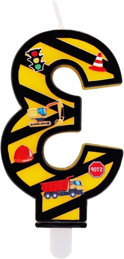 Candela di compleanno creativa a strisce gialle e nere con tema costruttivo per bambini, decorazione di torta perfetta per feste con numeri (Numero 3)