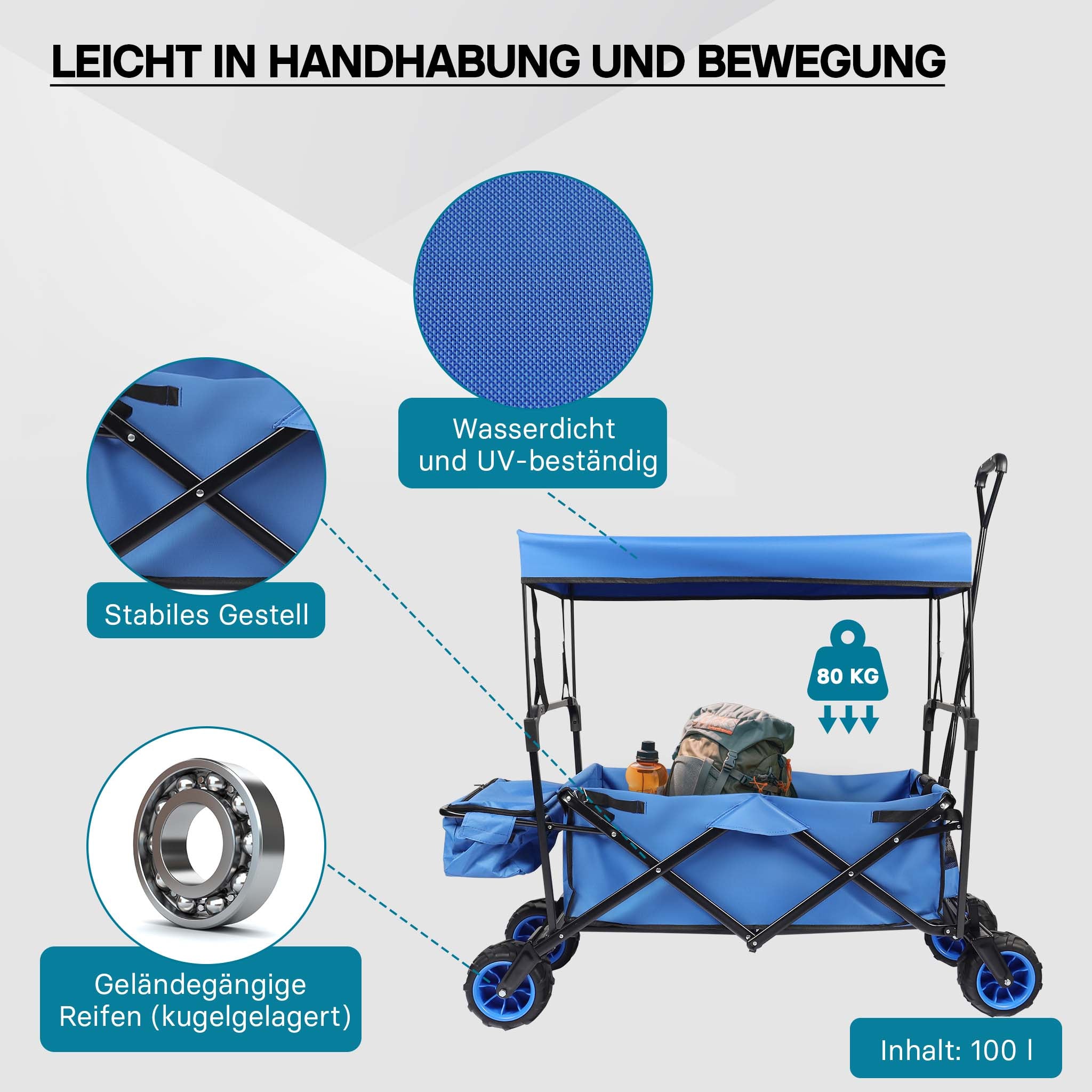 Carretto a mano pieghevole, max 70 kg, tessuto impermeabile blu, Carrello spiaggia con parasole