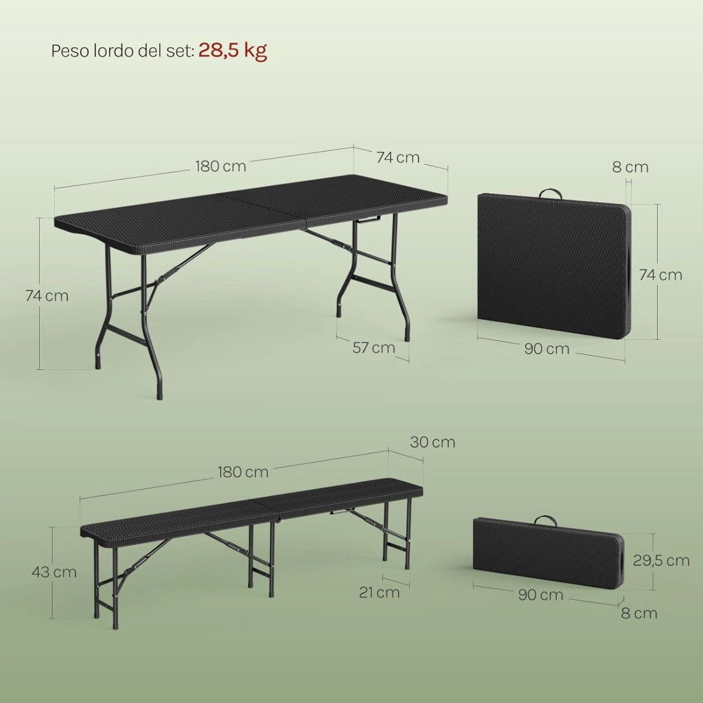 Set Birreria 3 Pezzi con Tavolo da Campeggio con 2 Panche Pieghevoli, Set Giardino Esterno Effetto Rattan, Resistente alle Intemperie e Facile da Pulire, per Campeggio, Giardino, Nero