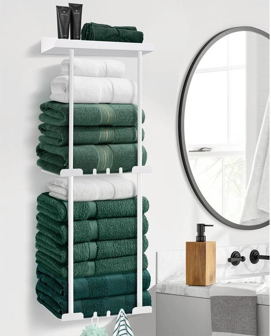 Supporto asciugamani senza fori – Supporto asciugamani robusto per la stanza da bagno | Supporto asciugamani con ganci | Accessori moderni per la stanza da bagno per asciugamani (Bianco 2)