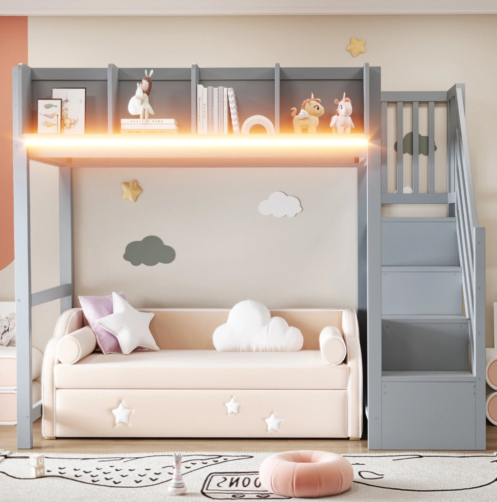 Letto a soppalco 90x200 cm in legno grigio con LED; sponde di sicurezza; ripiani e scala