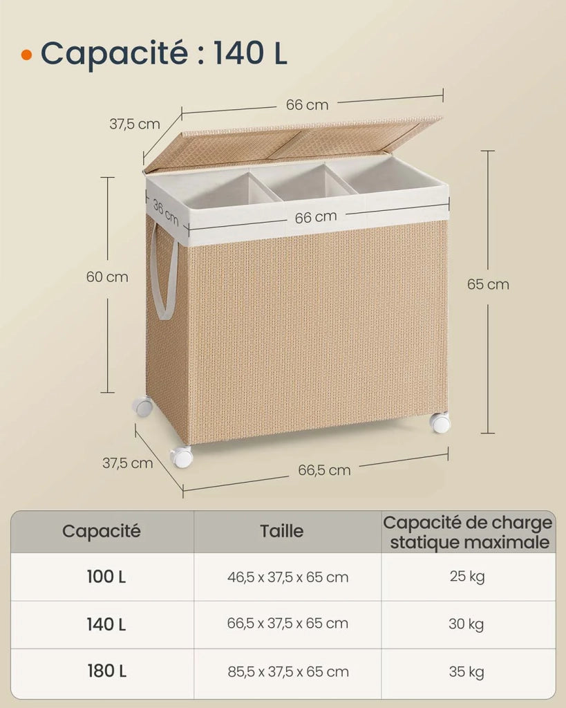 Cesto portabiancheria con 2 scomparti 140 litri cesto portaoggetti su ruote coperchio sacco con manici in finto vimini per lavanderia bagno beige 12_0006081